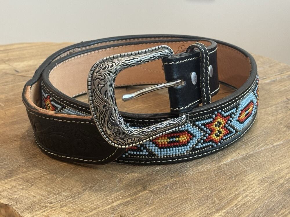 Leather Beaded Made In Mexico Belt 34 Blue Navajo Design Fabulous Tooled